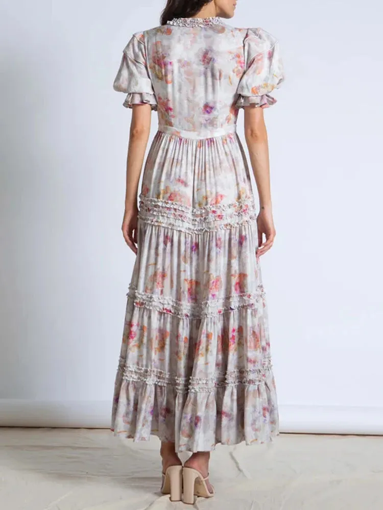 Spring Casual Slim Dresses Female Round Neck Puff Sleeve High Waist Spliced Ruched Hit Color Print Dress Women Clothing New
