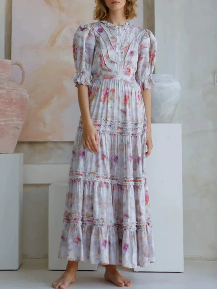 Spring Casual Slim Dresses Female Round Neck Puff Sleeve High Waist Spliced Ruched Hit Color Print Dress Women Clothing New