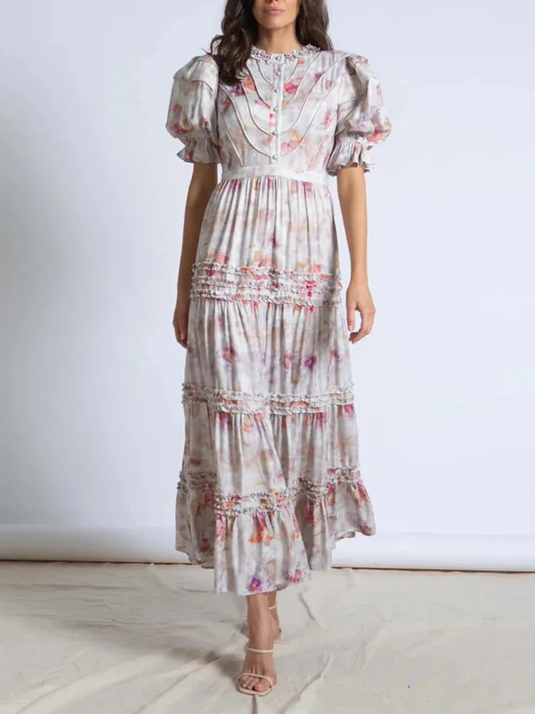 Spring Casual Slim Dresses Female Round Neck Puff Sleeve High Waist Spliced Ruched Hit Color Print Dress Women Clothing New
