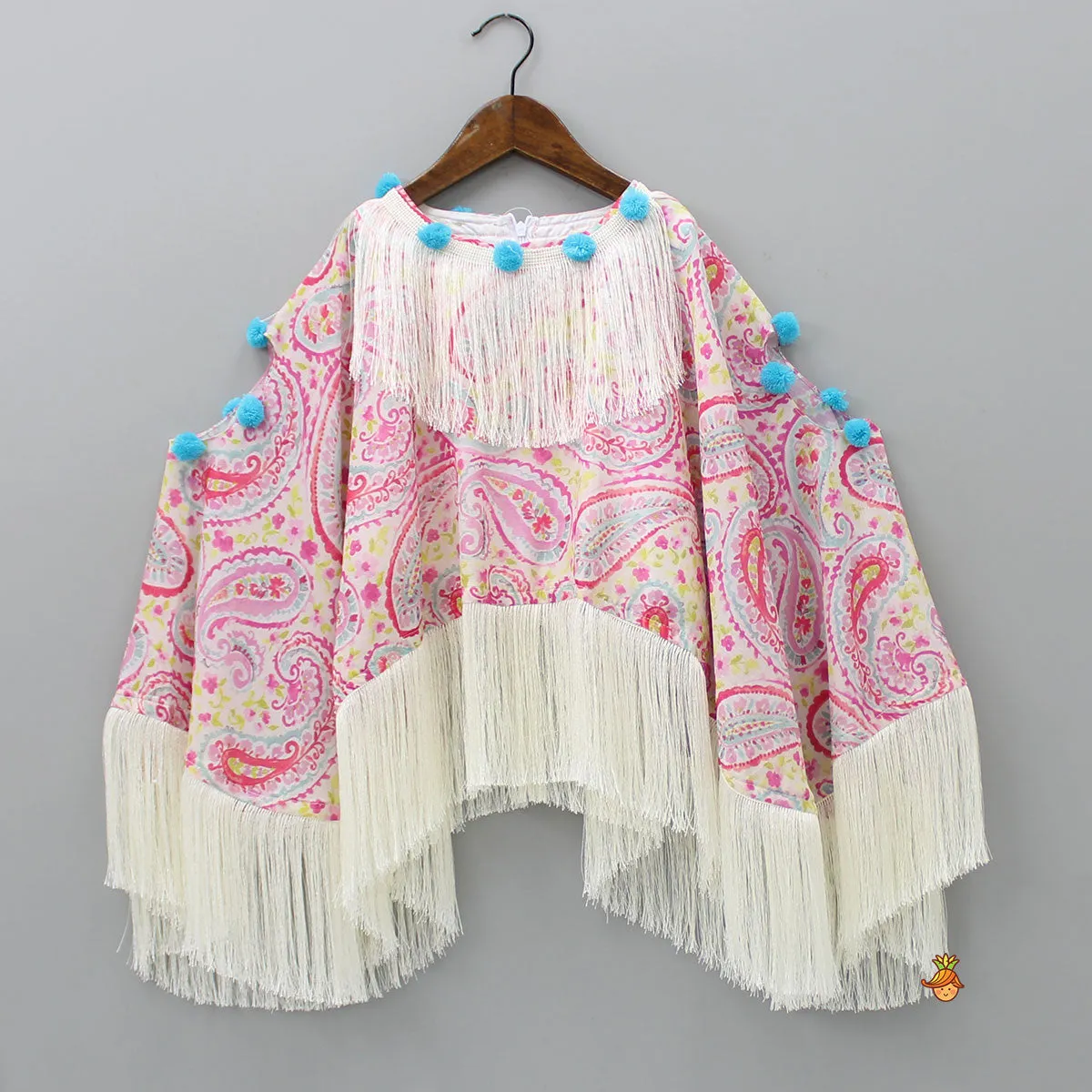 Stylish Fringes Cape Top And Blue Net Lehenga