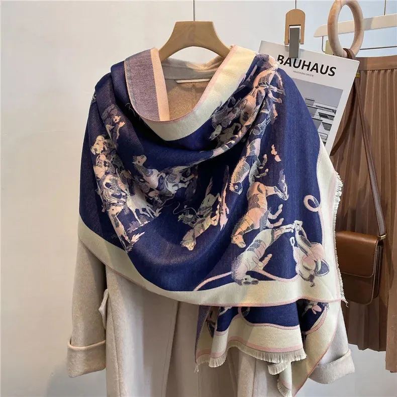 Thick Warm Winter Scarf Luxury Design Print Horse Women Cashmere Pashmina Shawl Lady Wrap Scarves Female Foulard Blanket Poncho