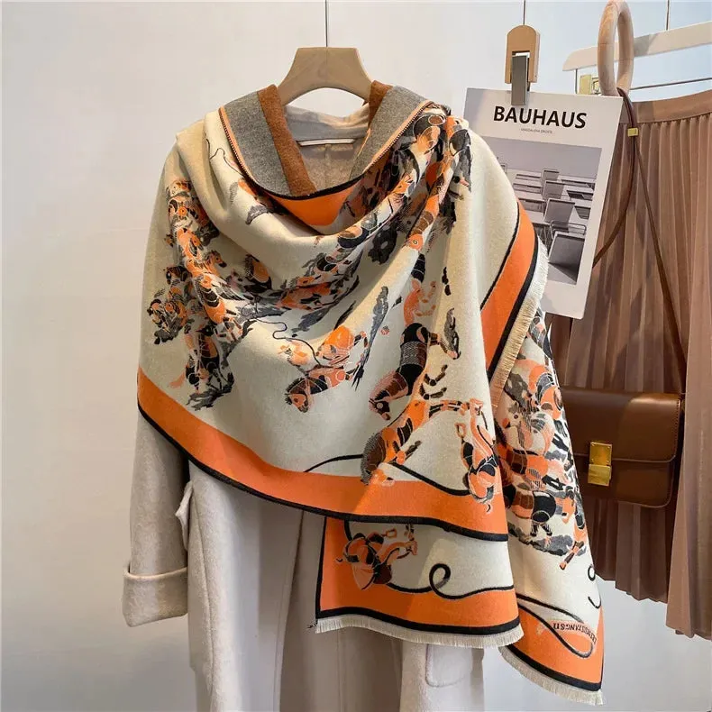 Thick Warm Winter Scarf Luxury Design Print Horse Women Cashmere Pashmina Shawl Lady Wrap Scarves Female Foulard Blanket Poncho