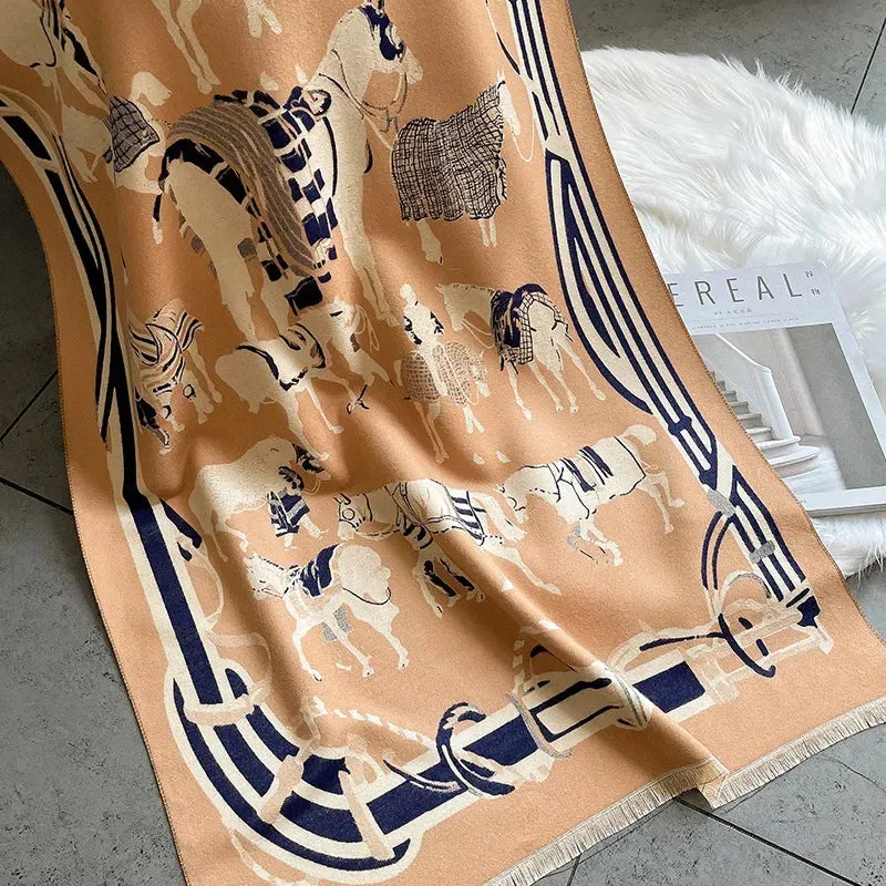 Thick Warm Winter Scarf Luxury Design Print Horse Women Cashmere Pashmina Shawl Lady Wrap Scarves Female Foulard Blanket Poncho