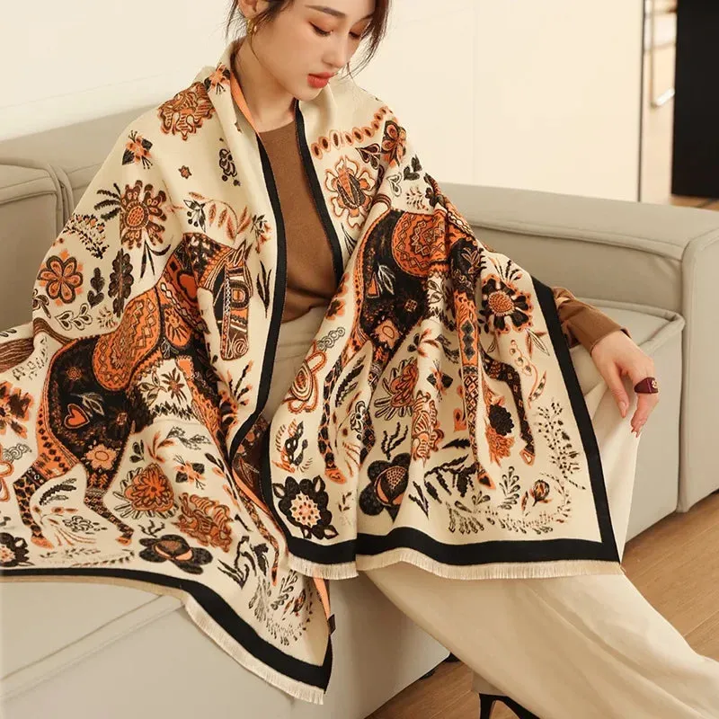 Thick Warm Winter Scarf Luxury Design Print Horse Women Cashmere Pashmina Shawl Lady Wrap Scarves Female Foulard Blanket Poncho