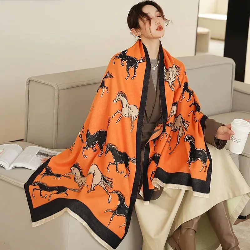 Thick Warm Winter Scarf Luxury Design Print Horse Women Cashmere Pashmina Shawl Lady Wrap Scarves Female Foulard Blanket Poncho