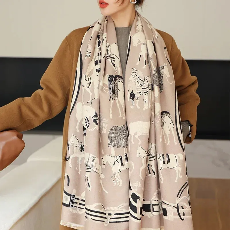 Thick Warm Winter Scarf Luxury Design Print Horse Women Cashmere Pashmina Shawl Lady Wrap Scarves Female Foulard Blanket Poncho
