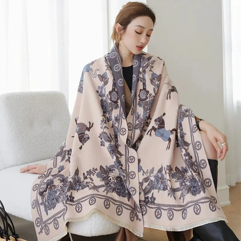 Thick Warm Winter Scarf Luxury Design Print Horse Women Cashmere Pashmina Shawl Lady Wrap Scarves Female Foulard Blanket Poncho