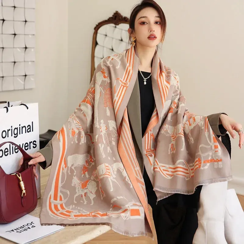 Thick Warm Winter Scarf Luxury Design Print Horse Women Cashmere Pashmina Shawl Lady Wrap Scarves Female Foulard Blanket Poncho