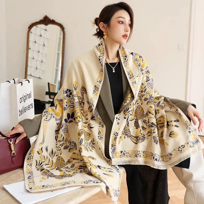 Thick Warm Winter Scarf Luxury Design Print Horse Women Cashmere Pashmina Shawl Lady Wrap Scarves Female Foulard Blanket Poncho