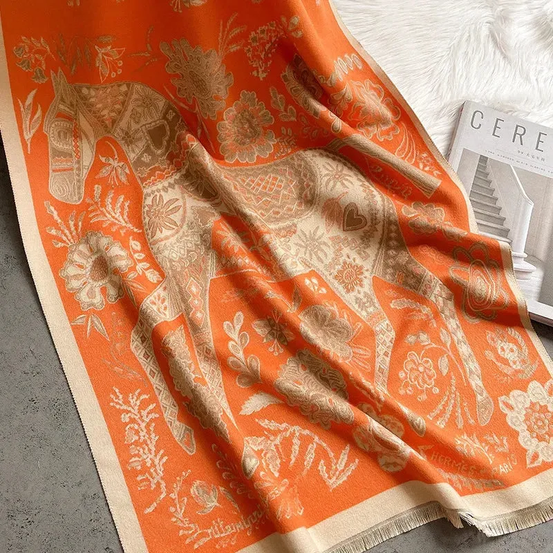 Thick Warm Winter Scarf Luxury Design Print Horse Women Cashmere Pashmina Shawl Lady Wrap Scarves Female Foulard Blanket Poncho