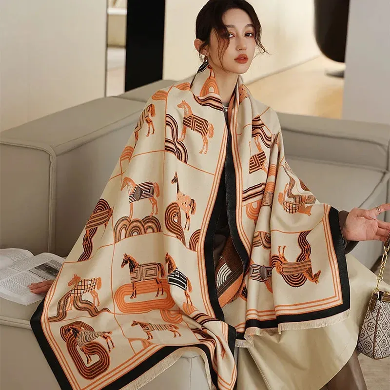 Thick Warm Winter Scarf Luxury Design Print Horse Women Cashmere Pashmina Shawl Lady Wrap Scarves Female Foulard Blanket Poncho