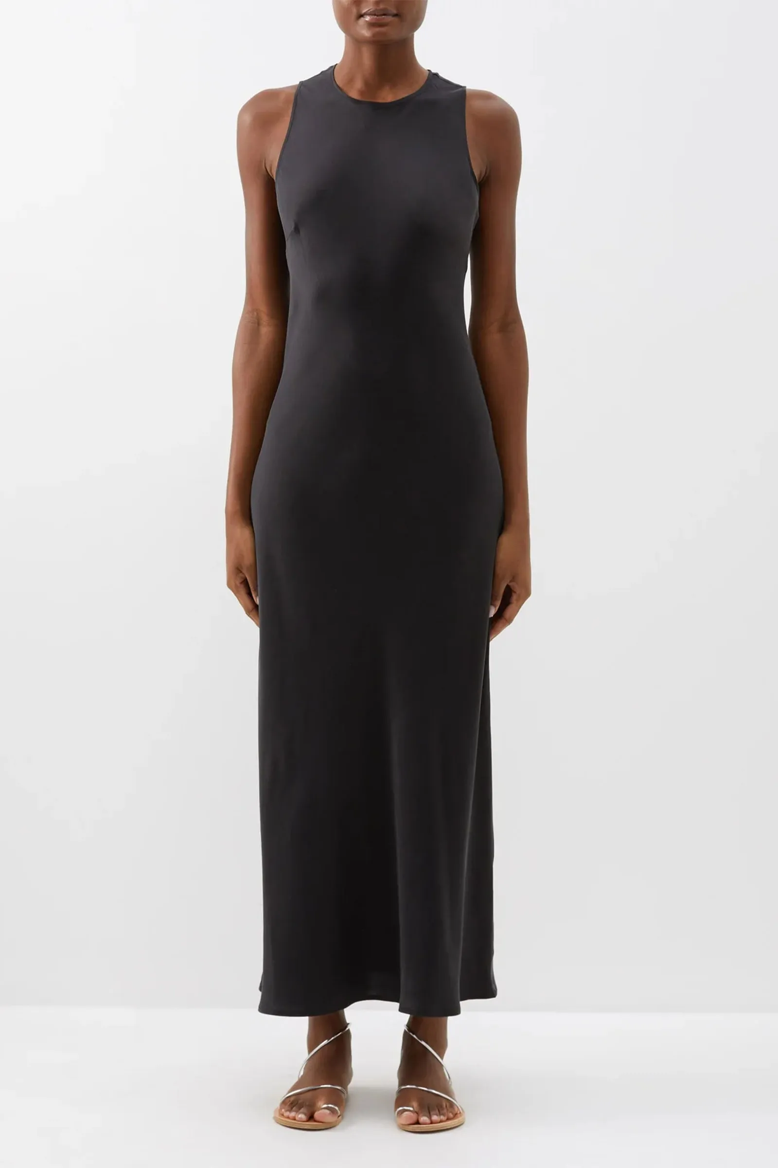 Valencia High-neck Black Silk-satin Maxi Dress