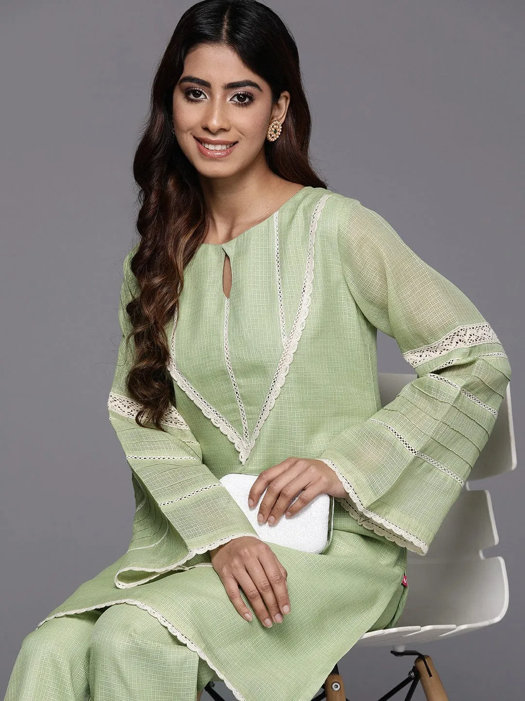 Varanga Women Green Kota Check Cotton Lace Short Kurta With Bottom