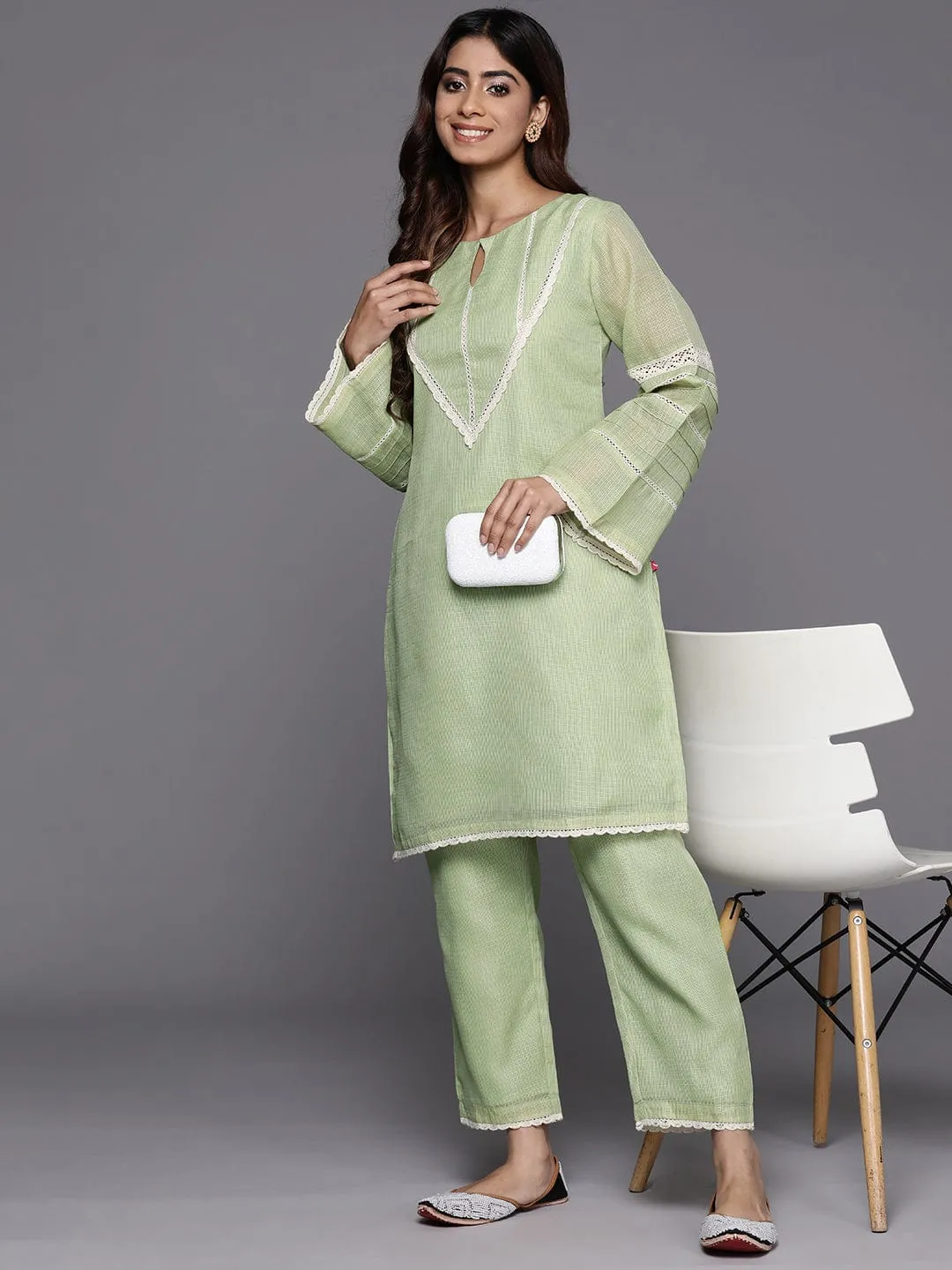 Varanga Women Green Kota Check Cotton Lace Short Kurta With Bottom