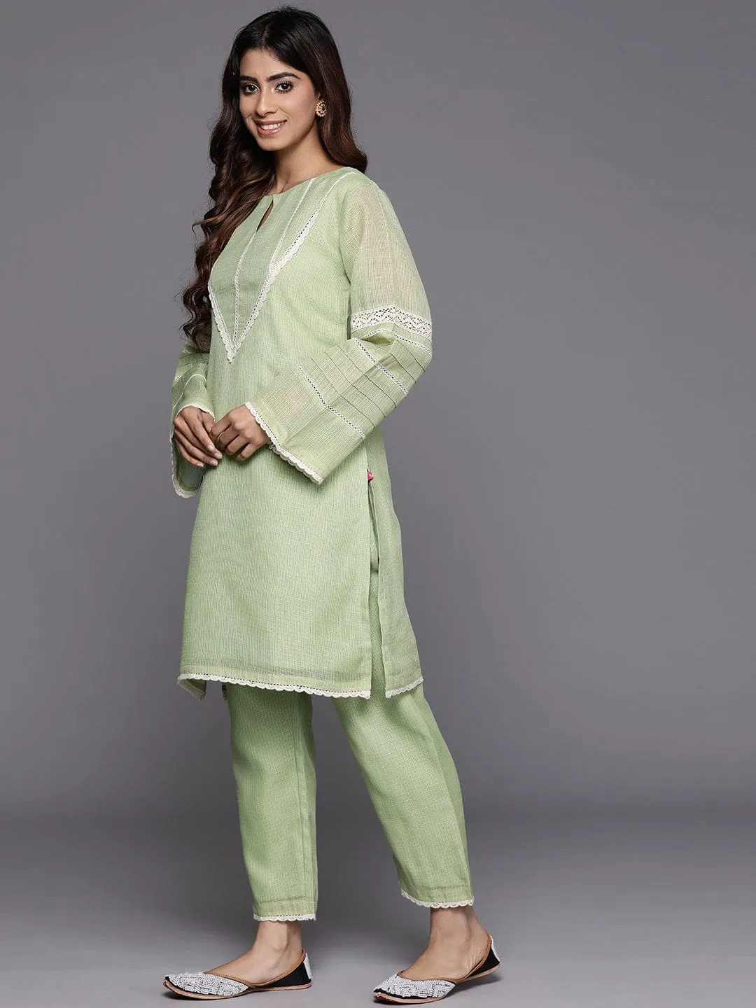 Varanga Women Green Kota Check Cotton Lace Short Kurta With Bottom