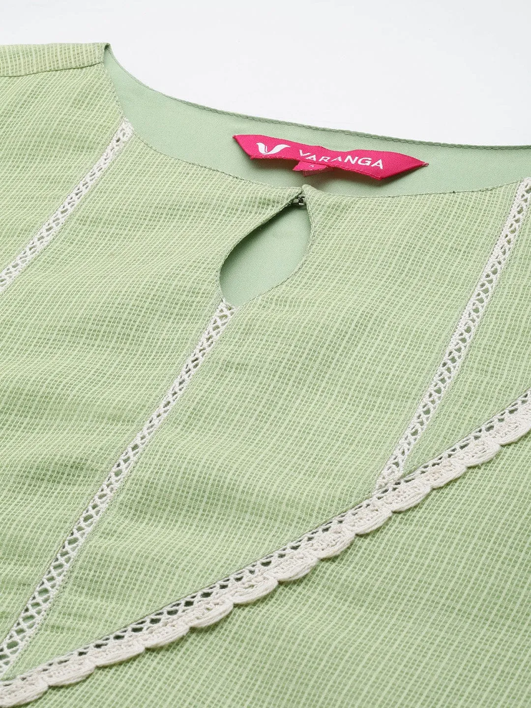 Varanga Women Green Kota Check Cotton Lace Short Kurta With Bottom