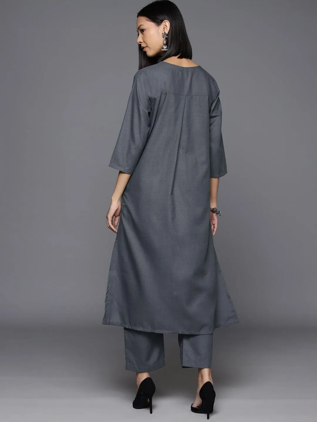 Varanga Women Grey Solid A-Line Tunic Paired With Tonal Bottom