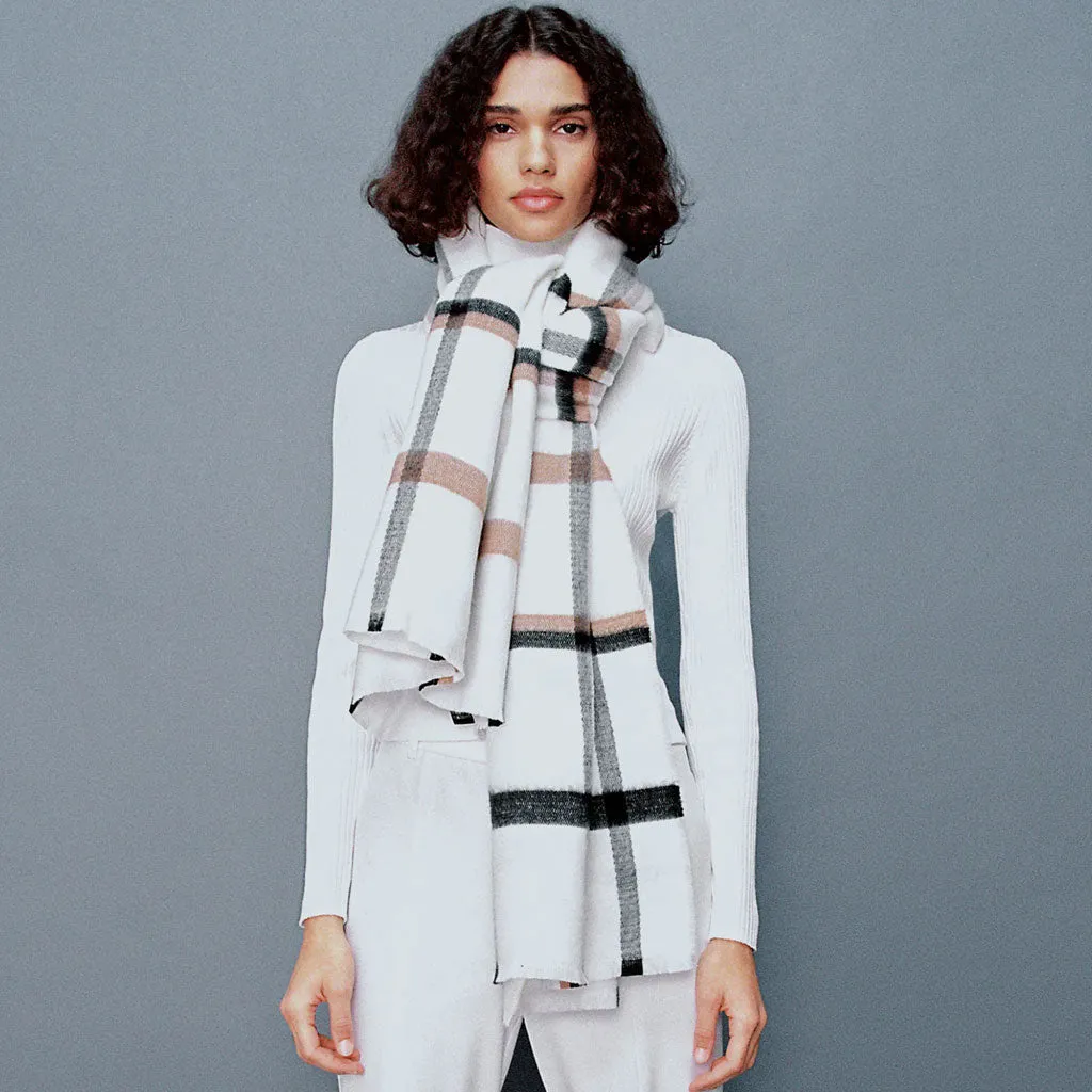 Versatile Plaid Print Frayed Oversized Blanket Scarf - White