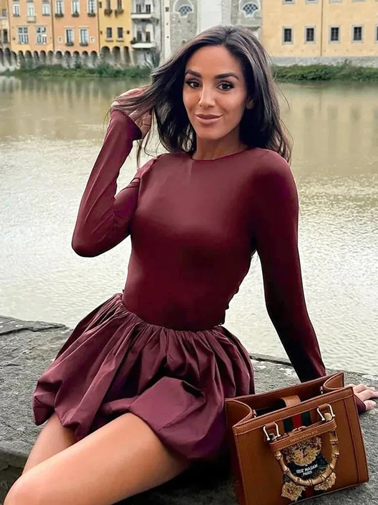 Wenkouban-Black Friday Christmas Party Outfits  Sexy Backless Round Neck Women Skirt Suit Long Sleeve T-shirt Mini Skirt Sets Female Winter Slim Elegant Two Piece Sets