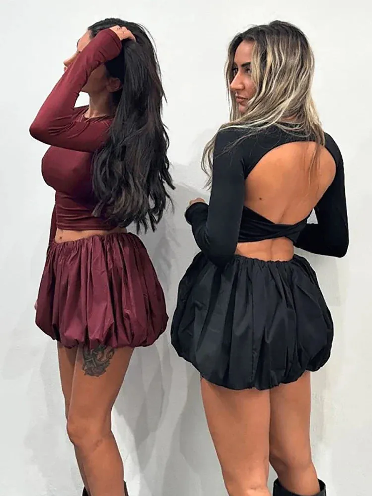 Wenkouban-Black Friday Christmas Party Outfits  Sexy Backless Round Neck Women Skirt Suit Long Sleeve T-shirt Mini Skirt Sets Female Winter Slim Elegant Two Piece Sets