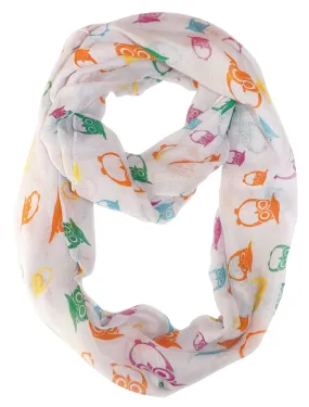 White Peach Couture Stunning Colorful Lightweight Vintage Owl Print Infinity Loop Scarf