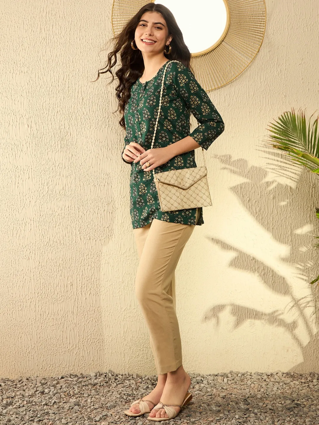 Women Green Cotton Blend Ethnic Motifs Printed Regular Tunic