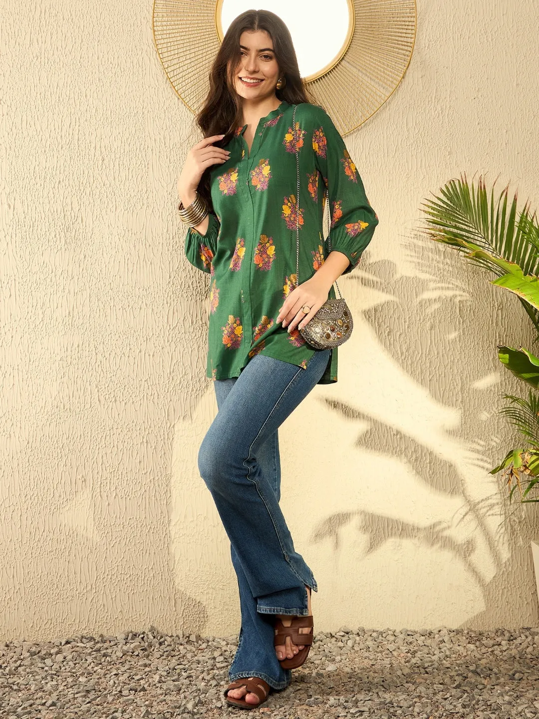 Women Green Cotton Blend Floral Printed Regular Tunic