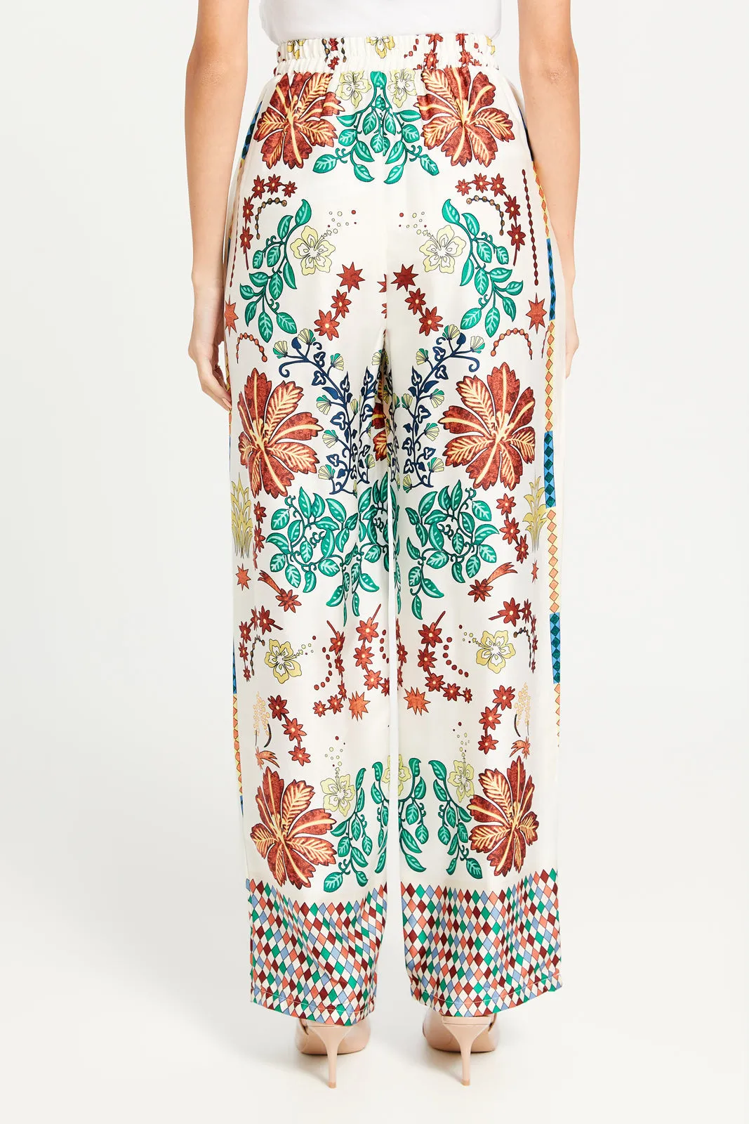 Women Ivory Printed Wide Leg Trousers