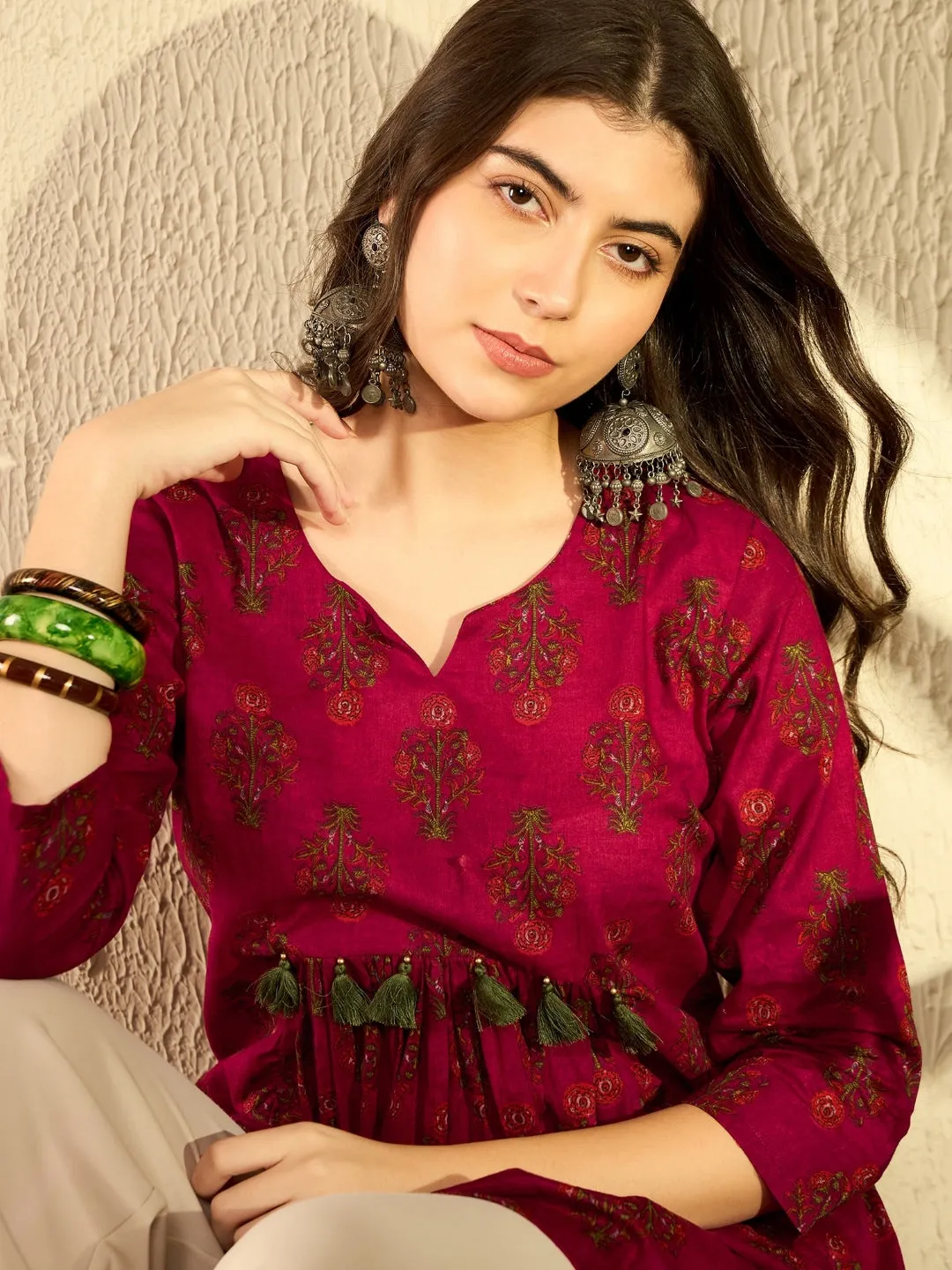 Women Maroon Cotton Blend Floral Printed Peplum Tunic