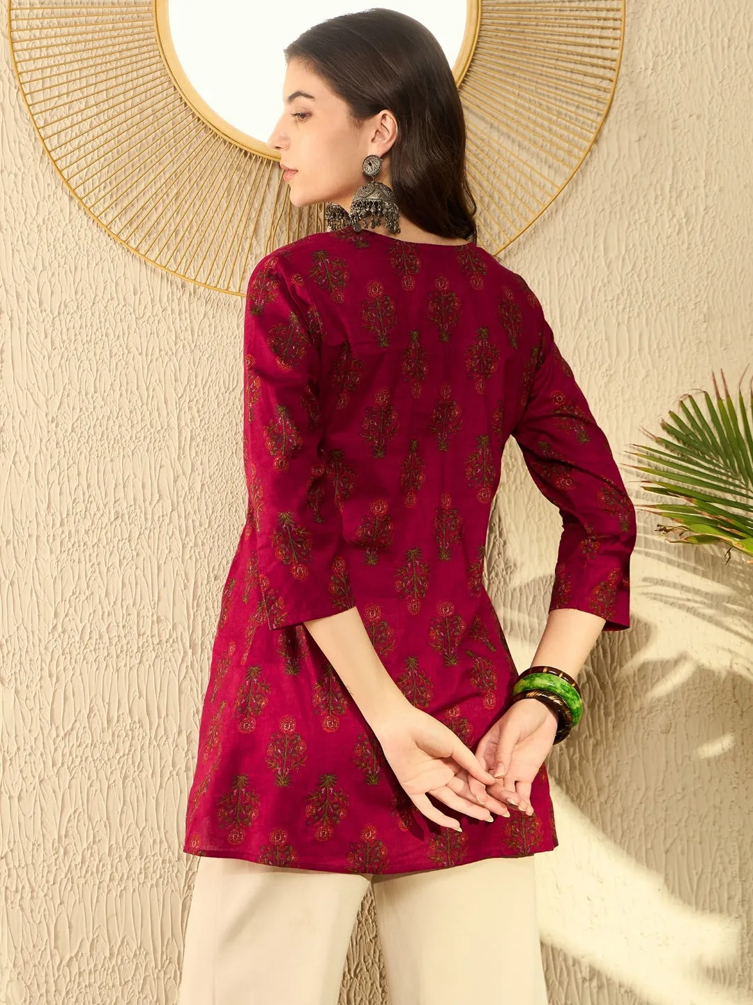 Women Maroon Cotton Blend Floral Printed Peplum Tunic