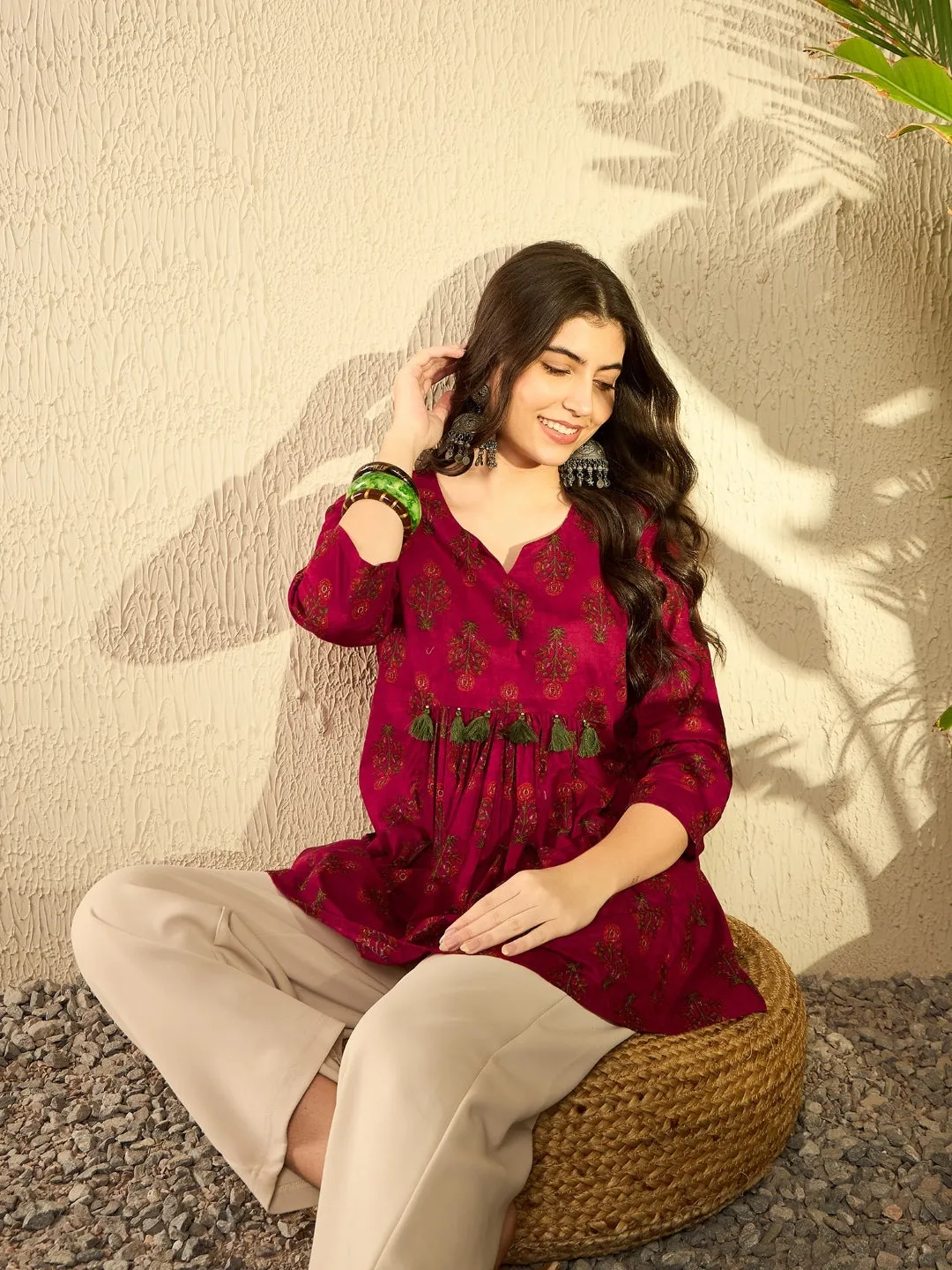 Women Maroon Cotton Blend Floral Printed Peplum Tunic