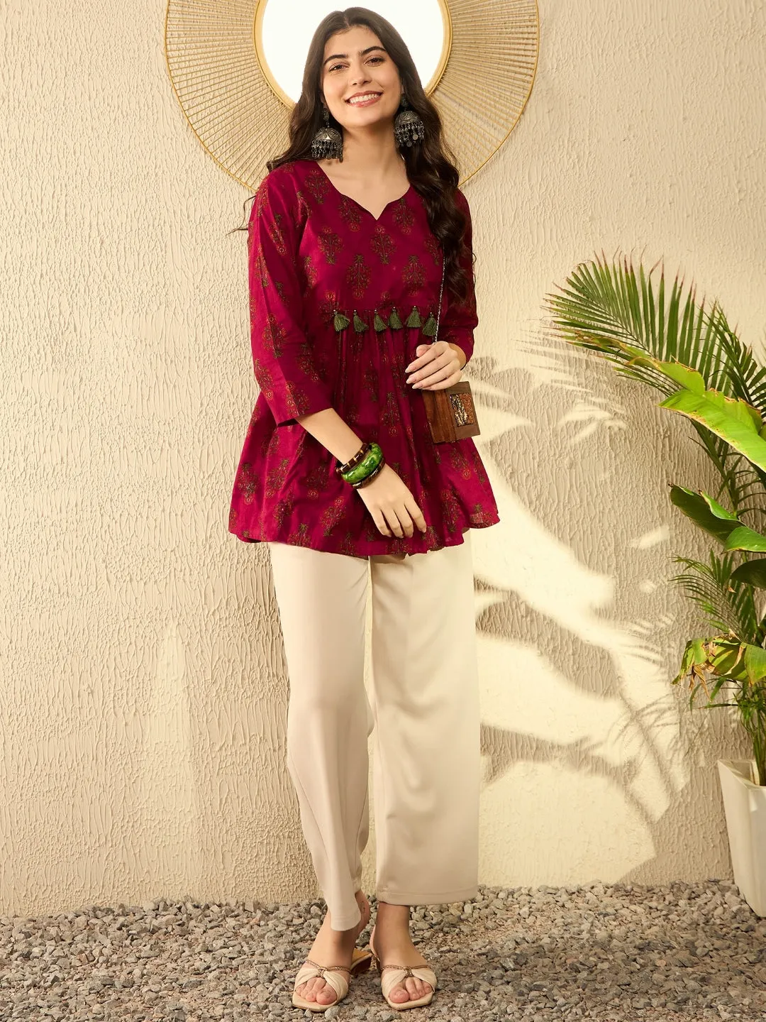 Women Maroon Cotton Blend Floral Printed Peplum Tunic