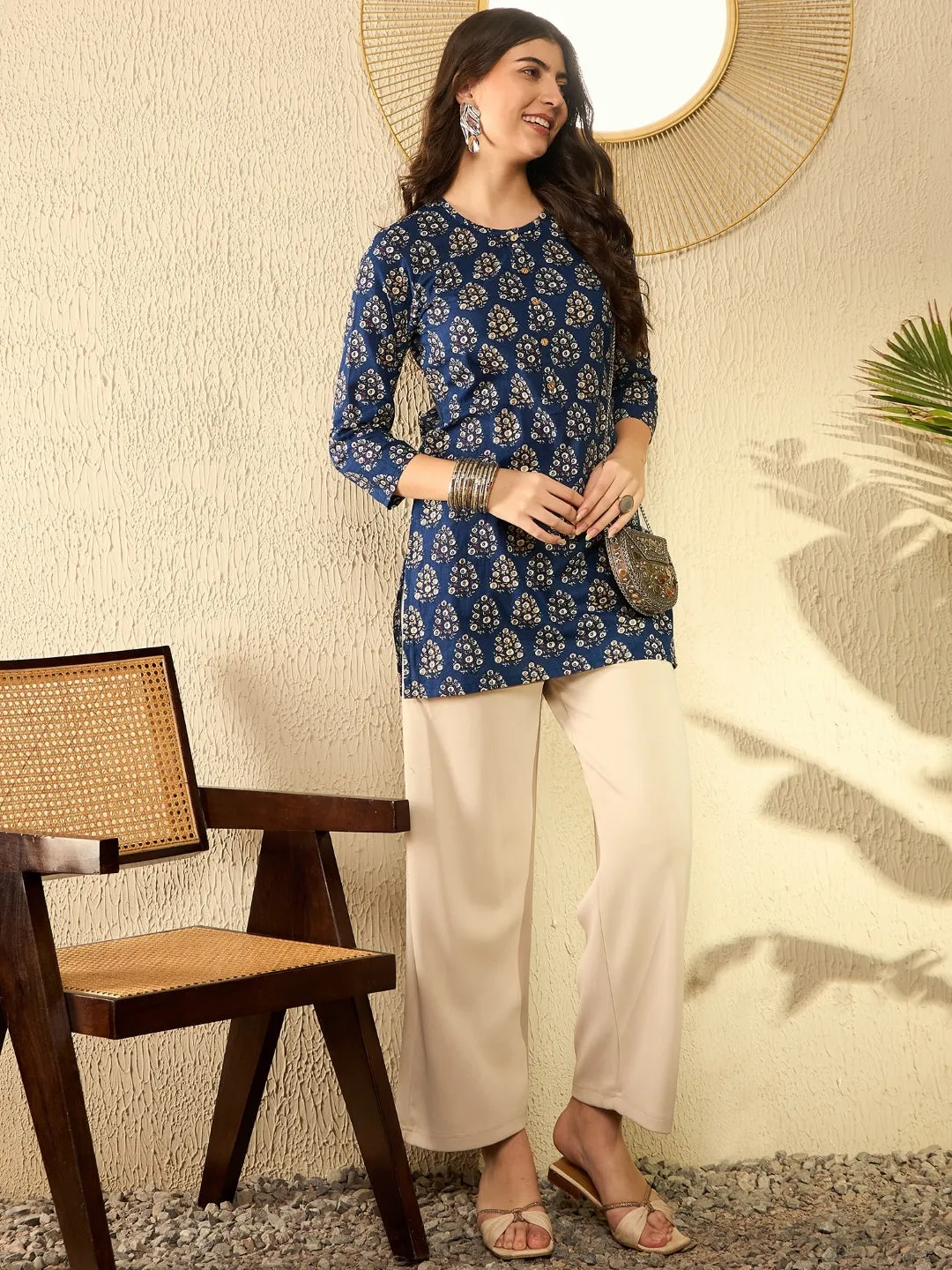 Women Navy Blue Cotton Blend Ethnic Motifs Printed Regular Tunic