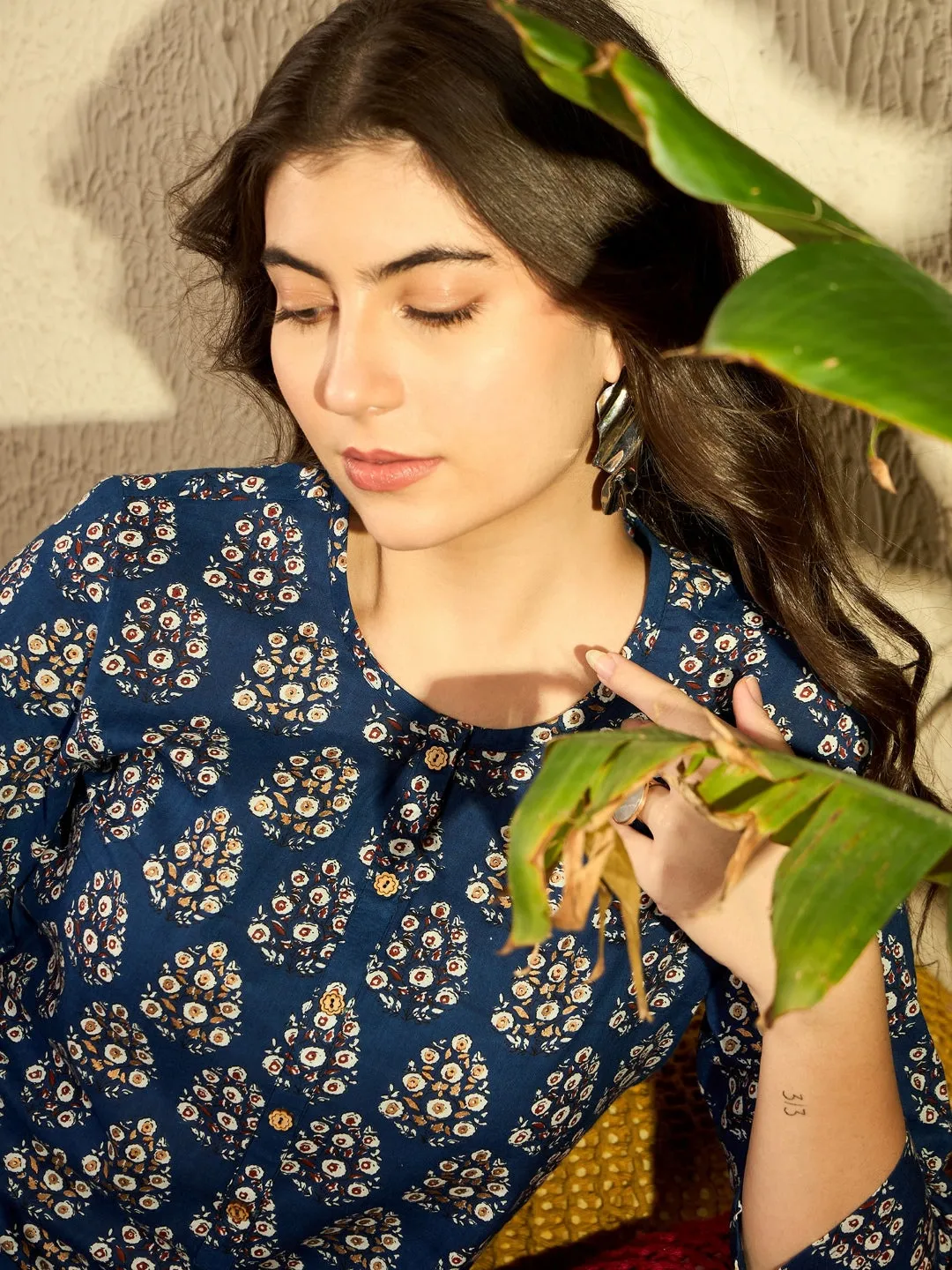Women Navy Blue Cotton Blend Ethnic Motifs Printed Regular Tunic