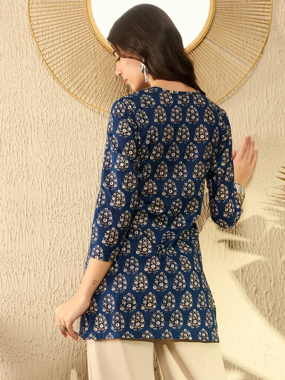 Women Navy Blue Cotton Blend Ethnic Motifs Printed Regular Tunic