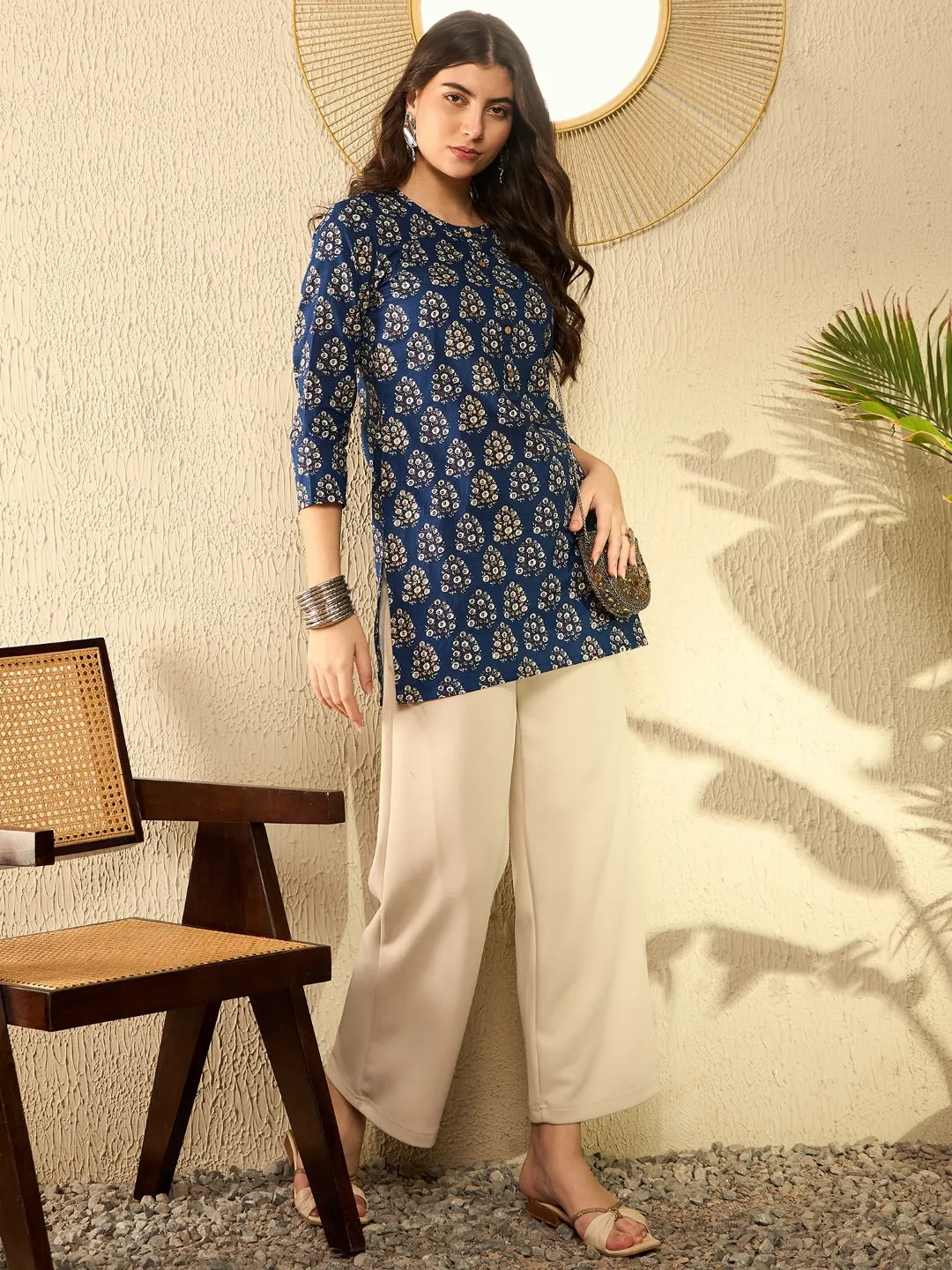 Women Navy Blue Cotton Blend Ethnic Motifs Printed Regular Tunic