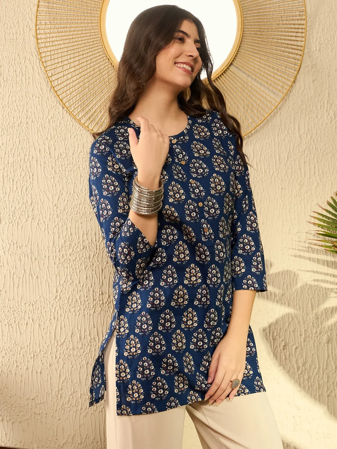 Women Navy Blue Cotton Blend Ethnic Motifs Printed Regular Tunic