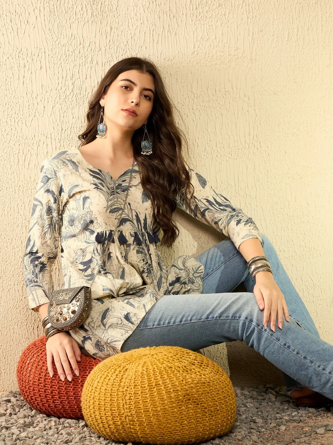 Women Off White Cotton Blend Floral Printed Peplum Tunic