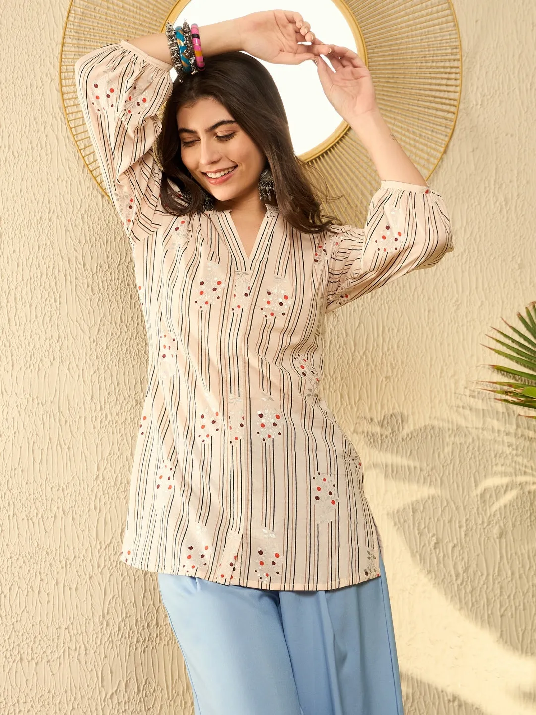 Women Peach Cotton Blend Striped Printed Regular Tunic
