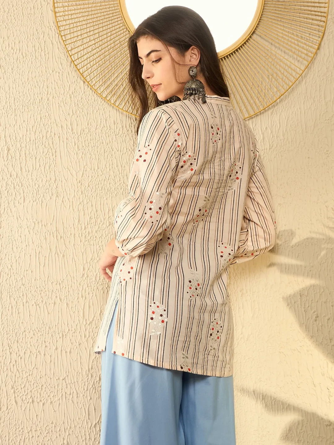 Women Peach Cotton Blend Striped Printed Regular Tunic