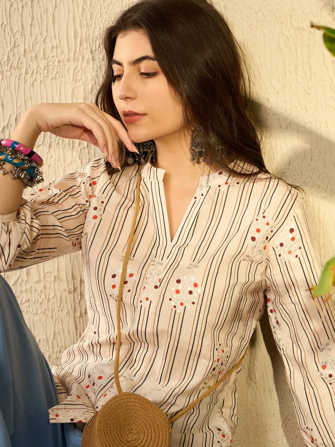 Women Peach Cotton Blend Striped Printed Regular Tunic