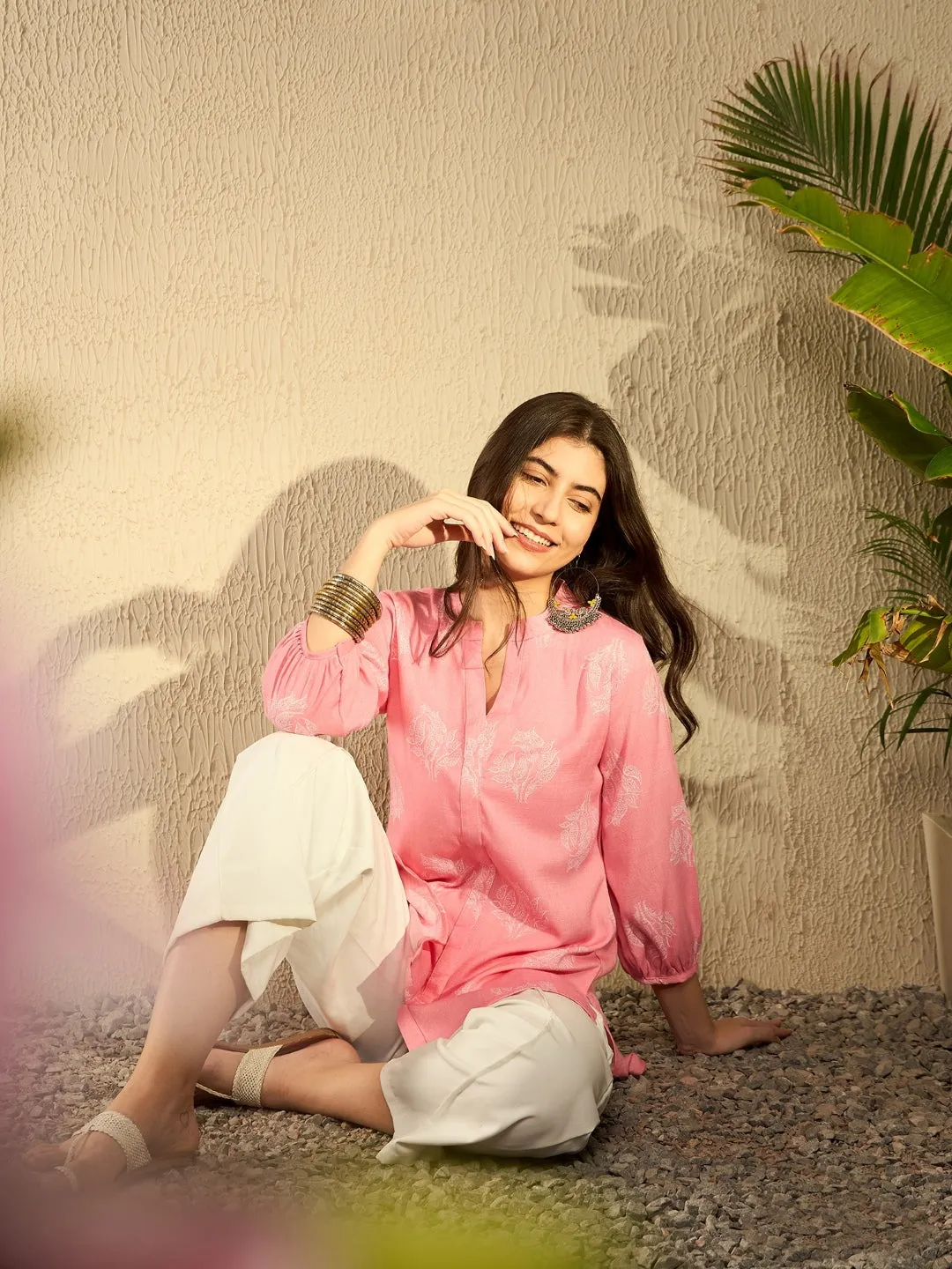 Women Pink Cotton Blend Ethnic Motifs Printed Regular Tunic