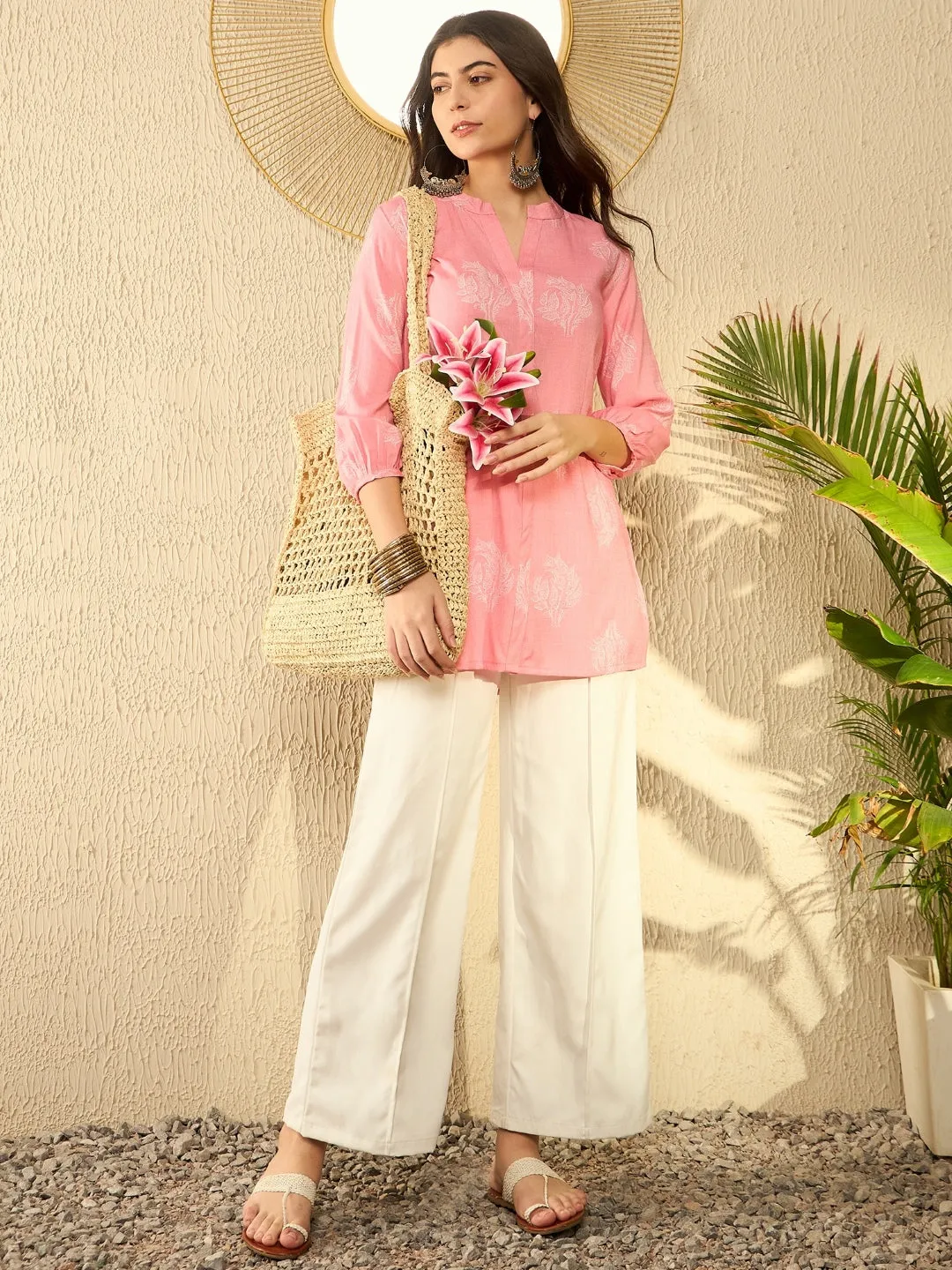 Women Pink Cotton Blend Ethnic Motifs Printed Regular Tunic