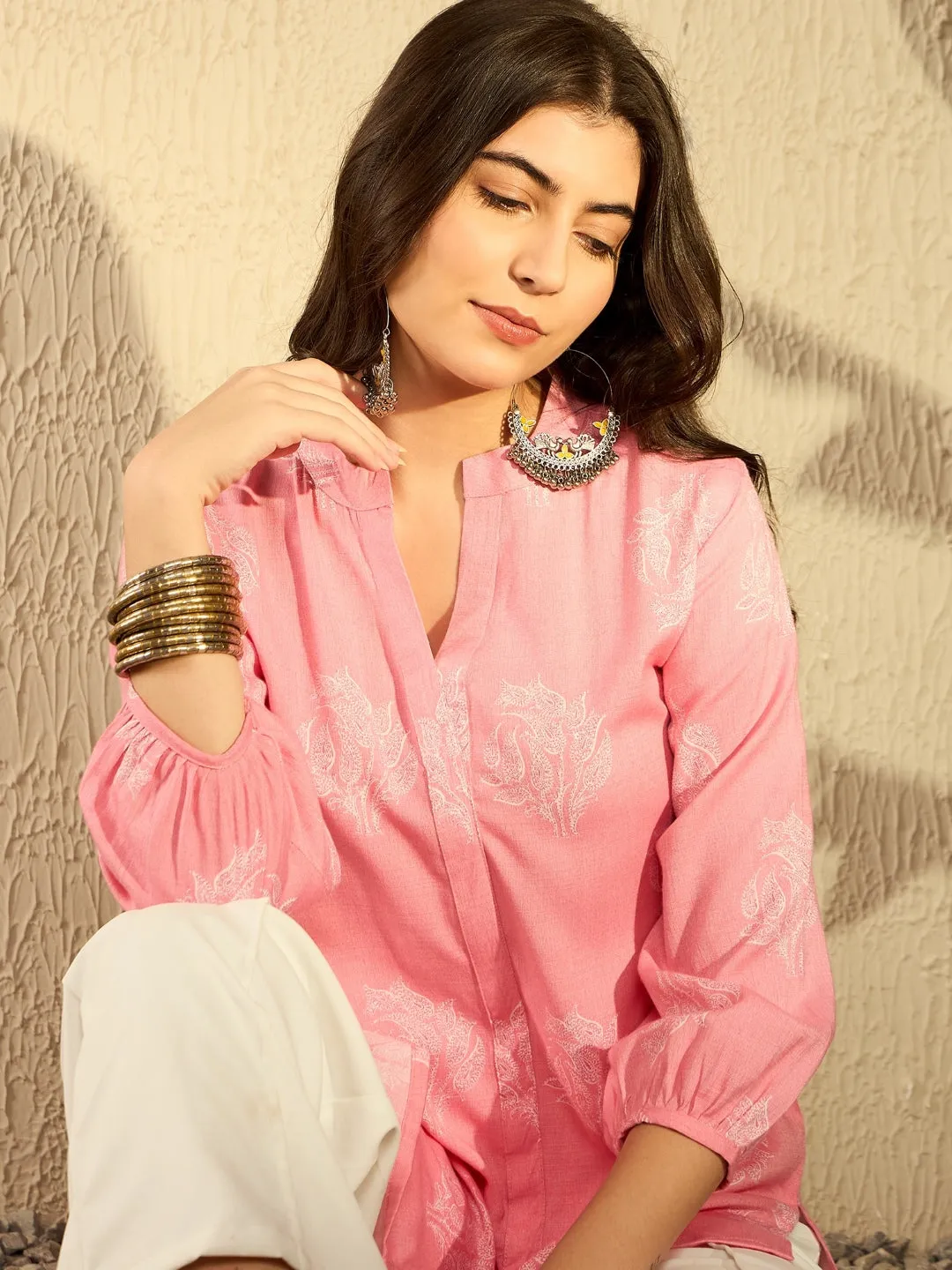Women Pink Cotton Blend Ethnic Motifs Printed Regular Tunic