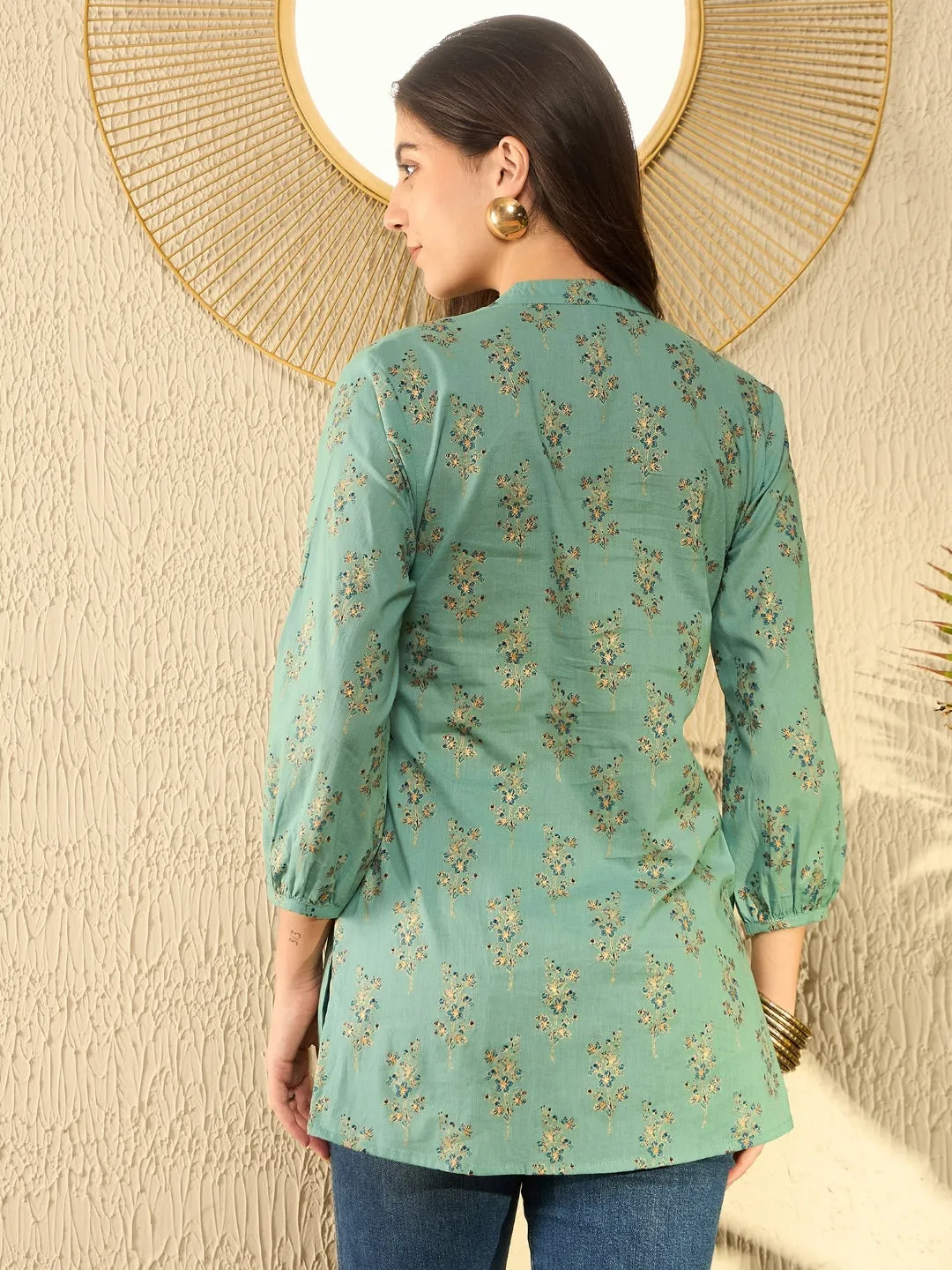 Women Sea Green Cotton Blend Floral Printed Regular Tunic