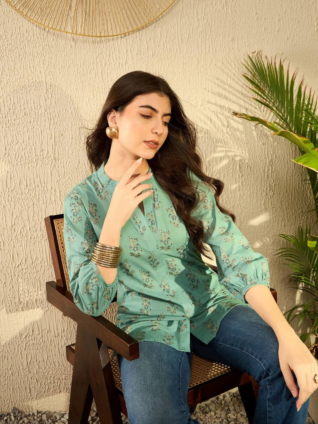 Women Sea Green Cotton Blend Floral Printed Regular Tunic