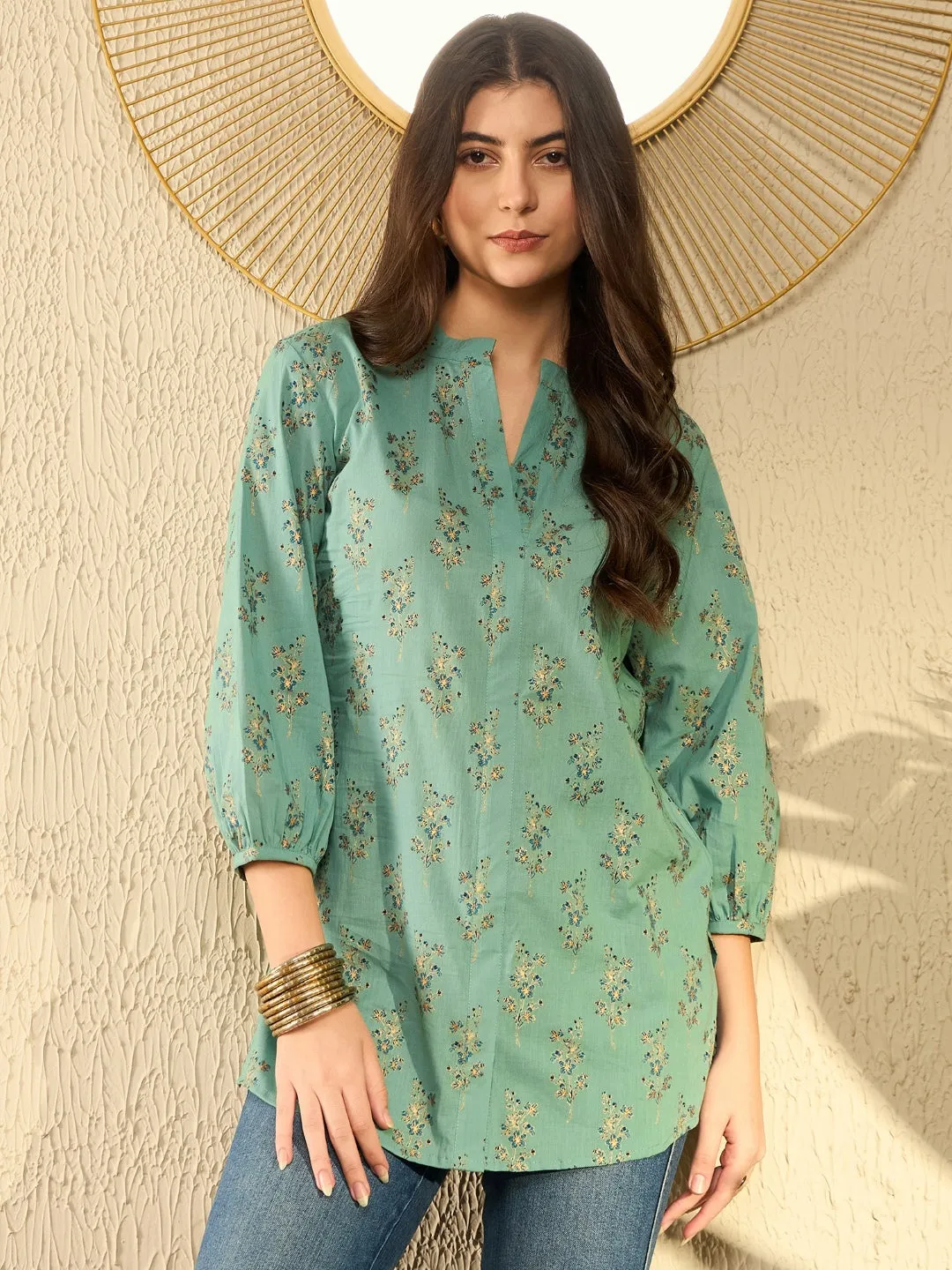 Women Sea Green Cotton Blend Floral Printed Regular Tunic