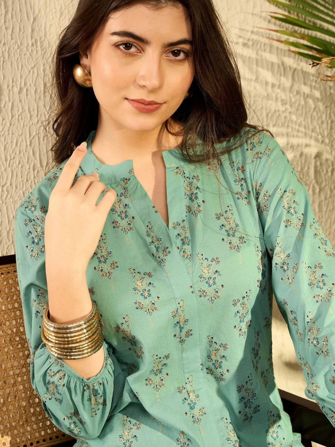 Women Sea Green Cotton Blend Floral Printed Regular Tunic