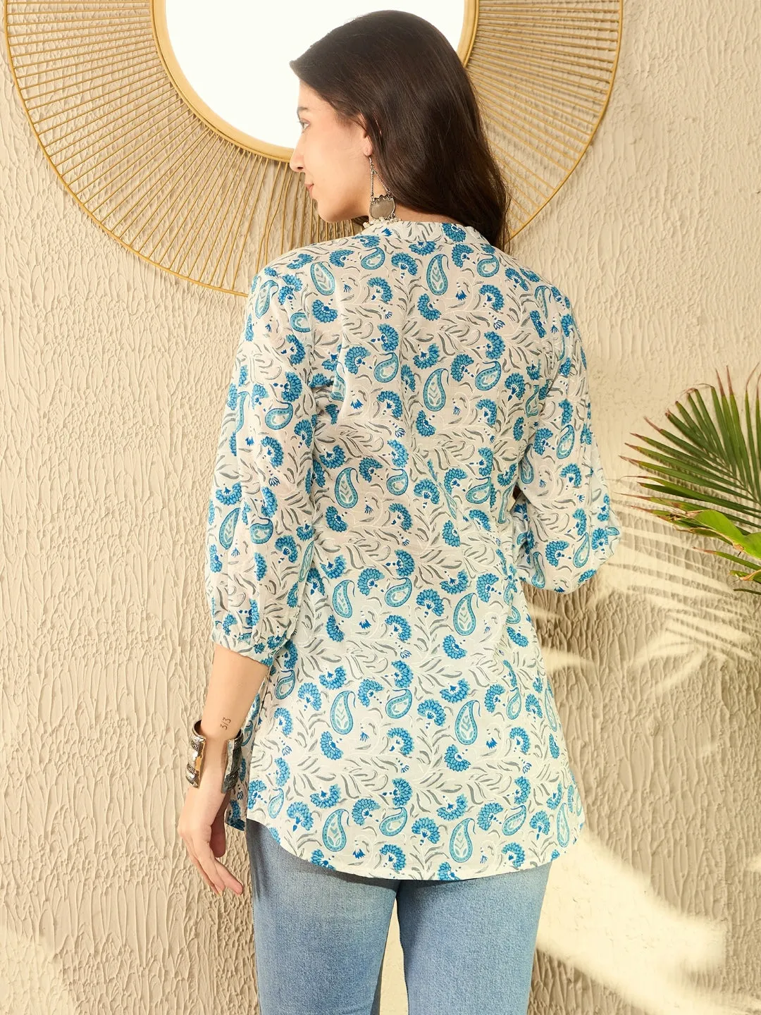 Women White Cotton Blend Ethnic Motifs Printed Regular Tunic