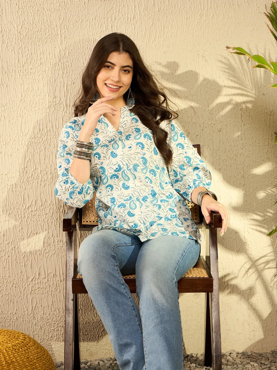 Women White Cotton Blend Ethnic Motifs Printed Regular Tunic